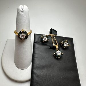 Early 2000 Avon faux sapphire and CZ in gold tone set! Earrings, necklace, ring!